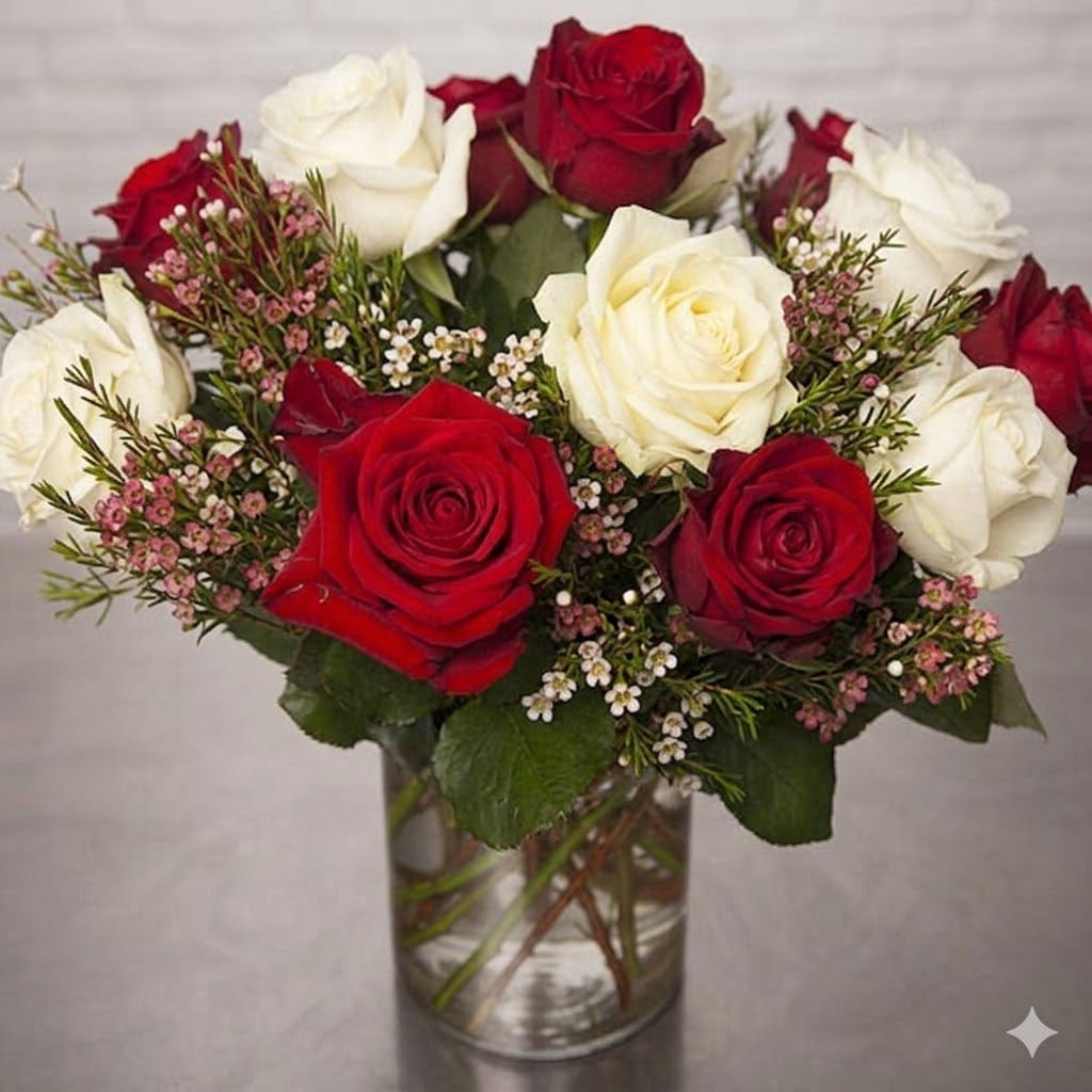 Rosas blancas y rojas en jarrón